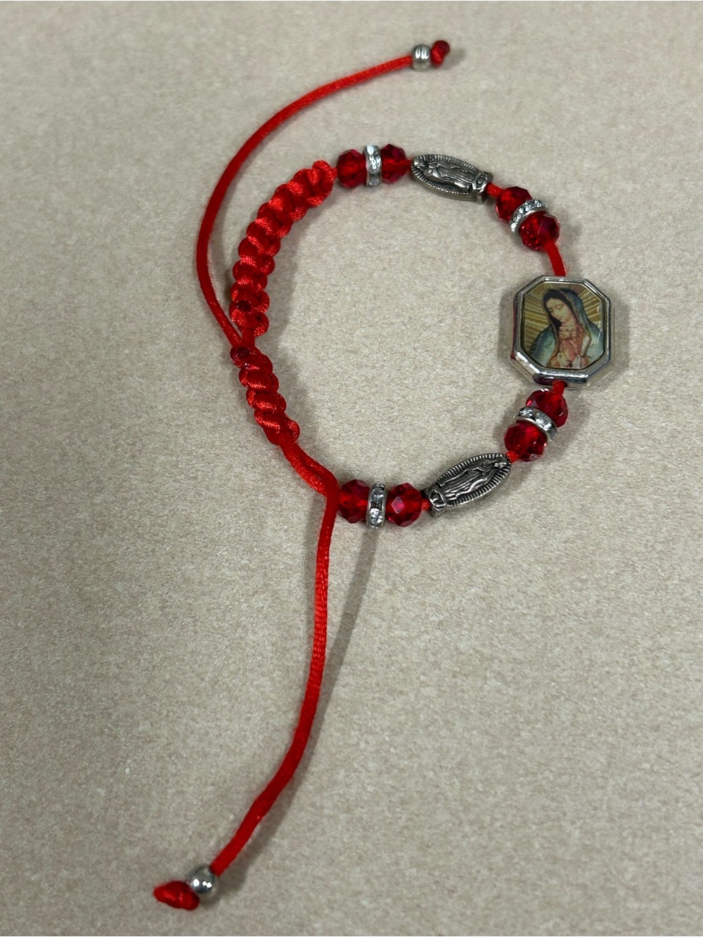Red Adjustable Religious Cord Bracelet with Medal